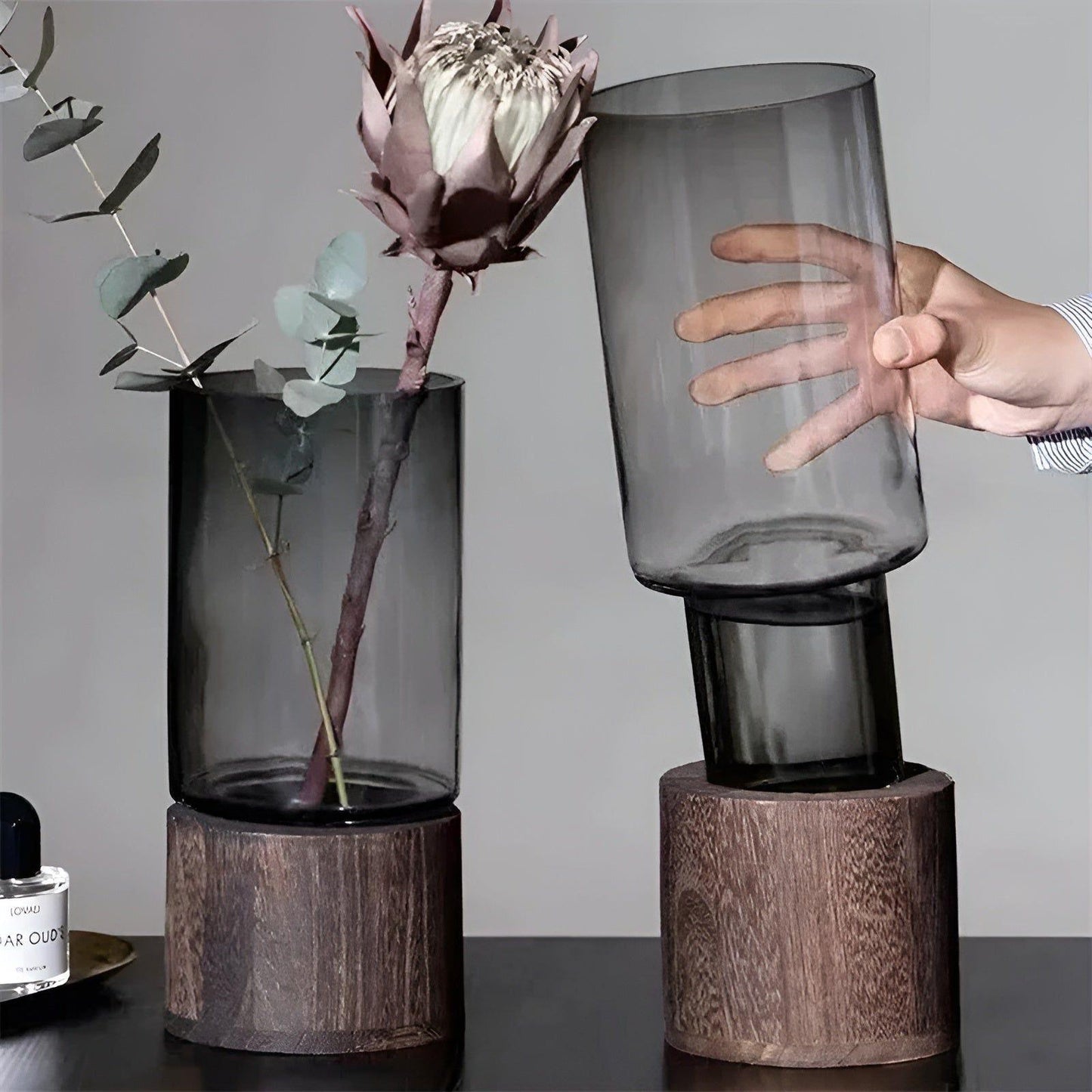 HydroGlass Vase – Europäische Vase aus Holz und transparentem Glas