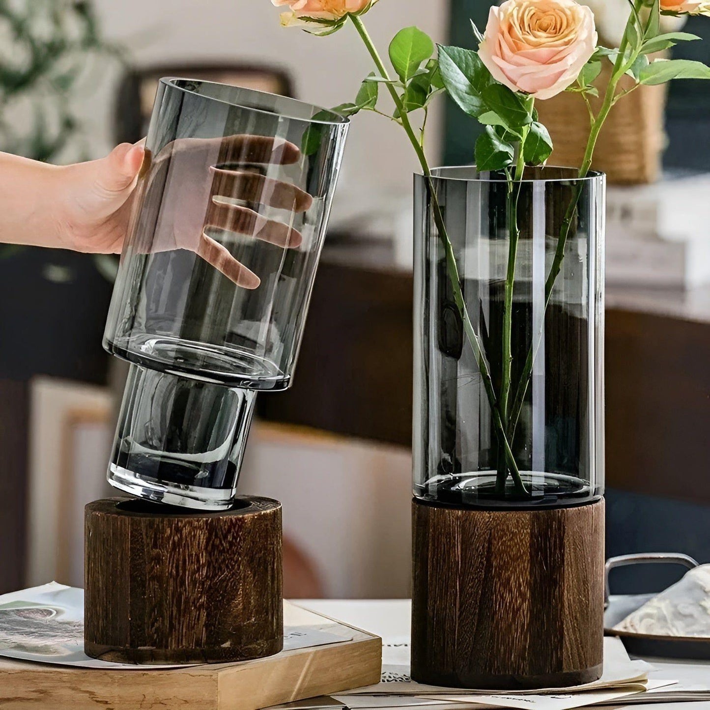 HydroGlass Vase – Europäische Vase aus Holz und transparentem Glas