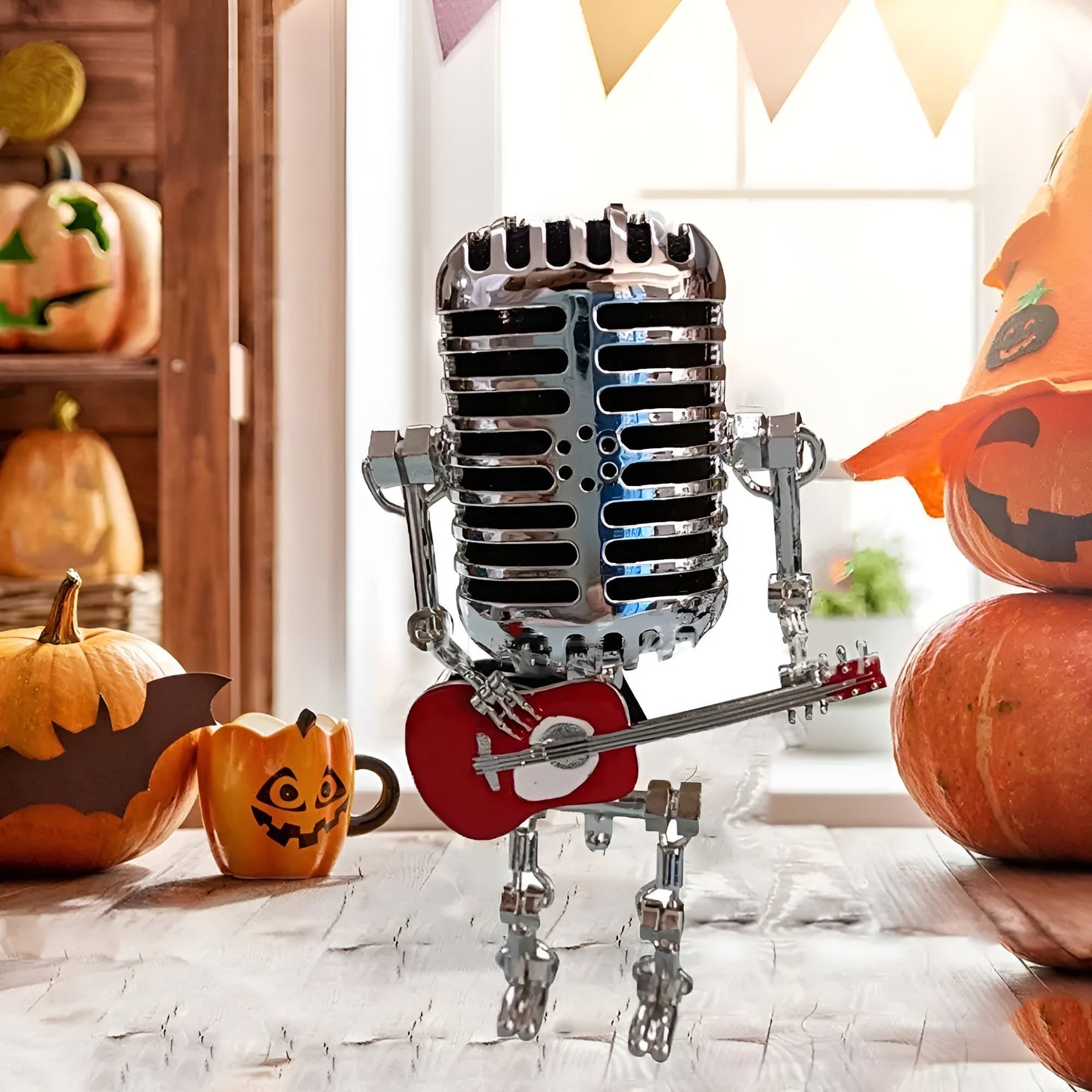Roboterlampe mit Gitarre – LED-Deko im Vintage-Stil für den Schreibtisch