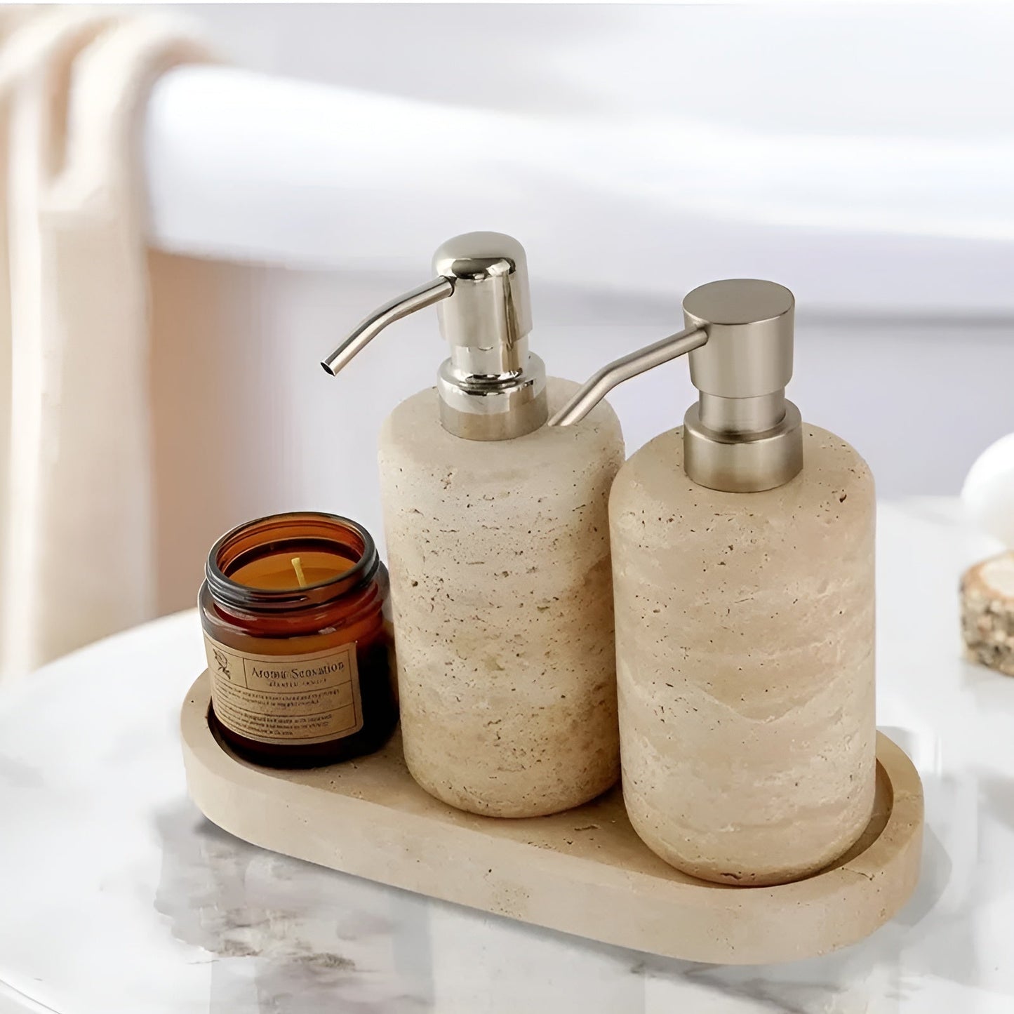 Zahnbürstenhalter aus Naturstein – mit Seifenspender und Ablage | Elegante Badaccessoires aus Travertin