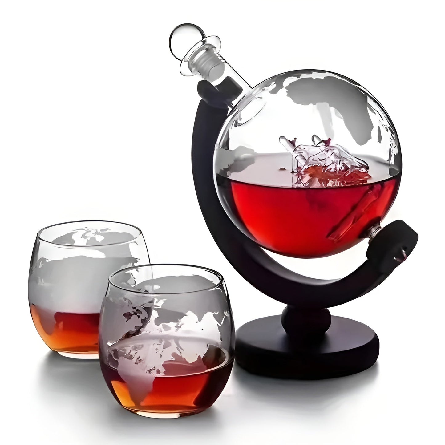 Whisky-Dekanter-Set in Globusform – bleifreie Karaffe mit Holzständer | Inklusive 2 Whiskygläsern