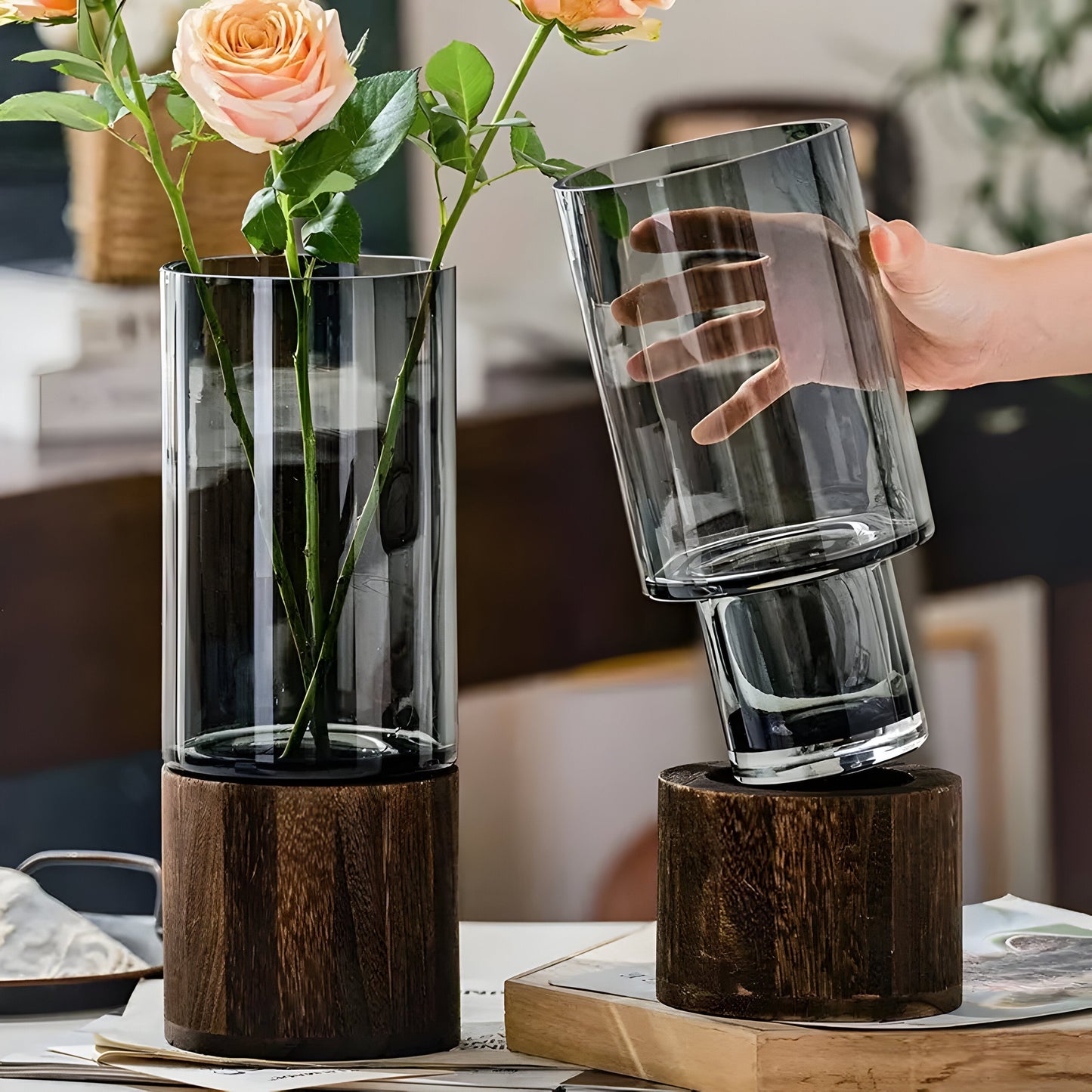 TranquilBrehnoom Vase – Europäische Hydroponik-Vase aus Holz und Glas