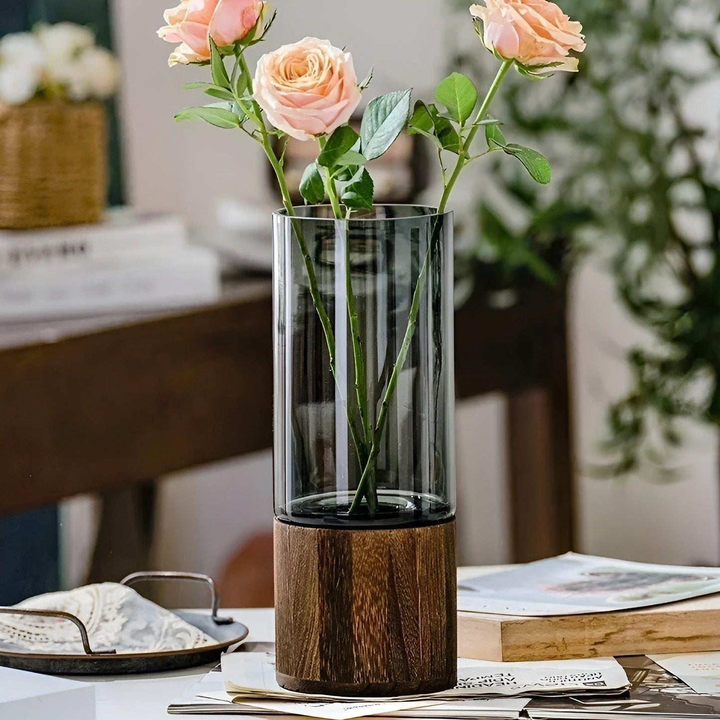 HydroGlass Vase – Europäische Vase aus Holz und transparentem Glas
