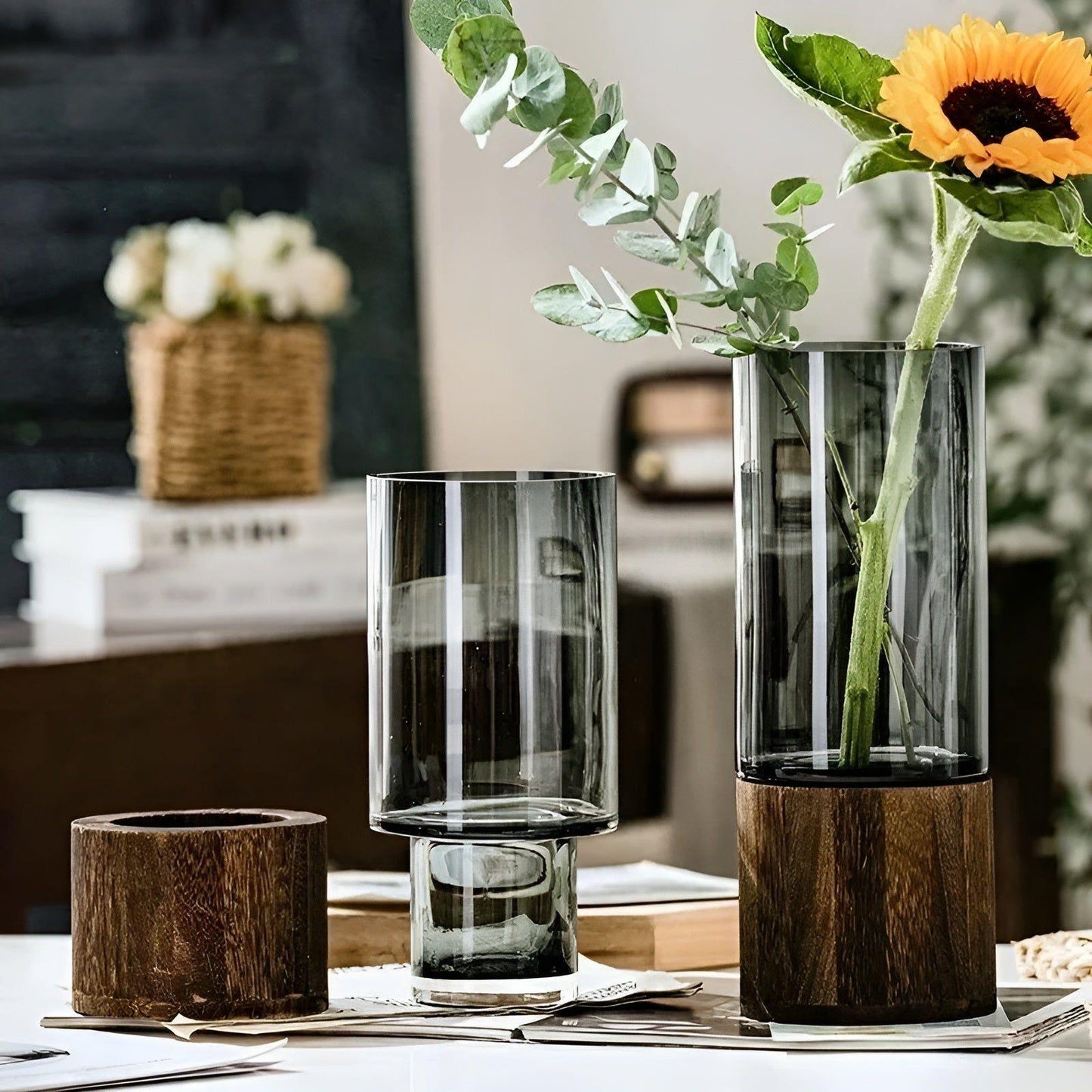HydroGlass Vase – Europäische Vase aus Holz und transparentem Glas