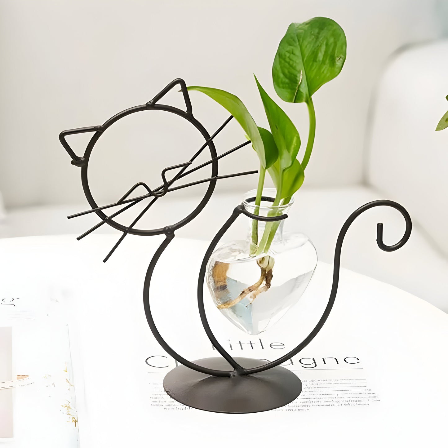 AquaPurr Vase – Hydroponische Glasherzvase mit katzenförmigem Halter