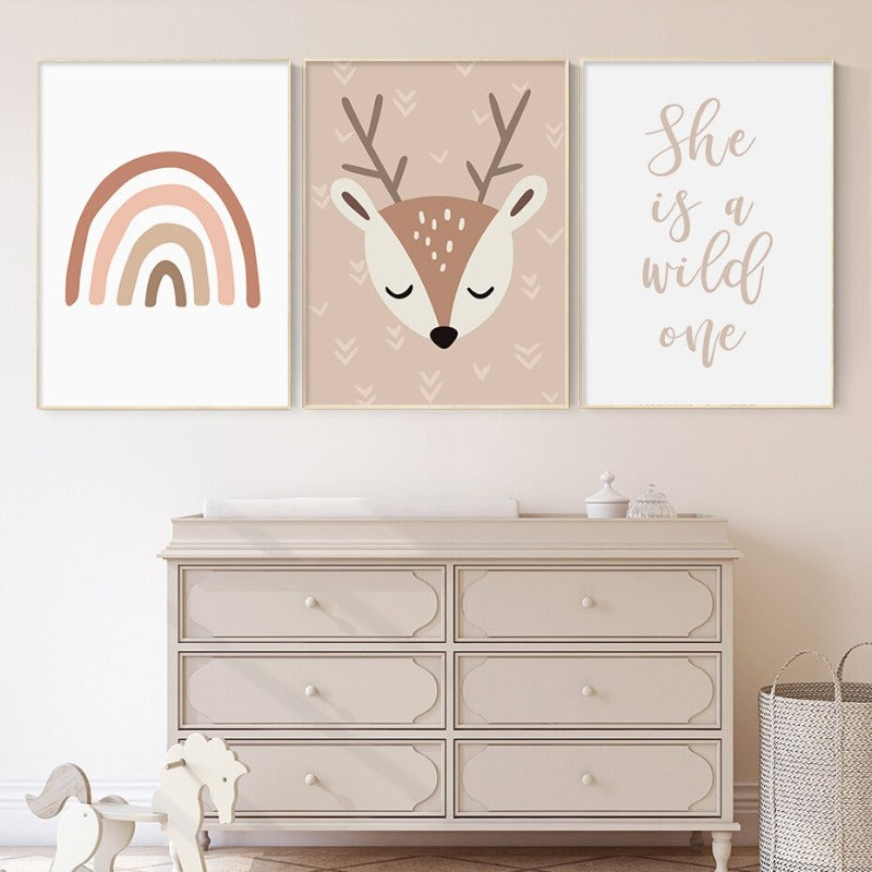 Boho Rainbow Cartoon Reh - Leinwand Wandkunst Druck