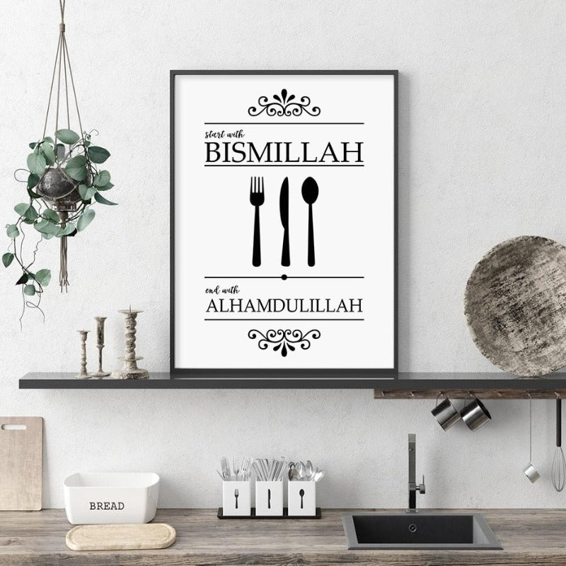 Islamische Bismillah Alhamdulillah Schwarz und Weiß Küche - Leinwand Wandkunst Druck