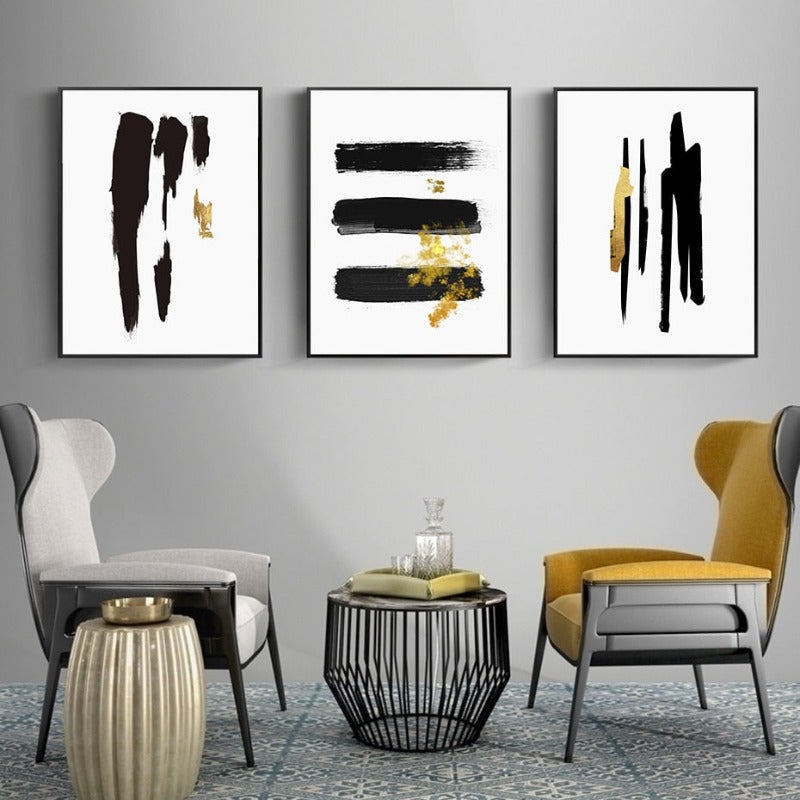 Abstract Schwarz & Gold Pinselstrich - Leinwand Wandkunst Druck