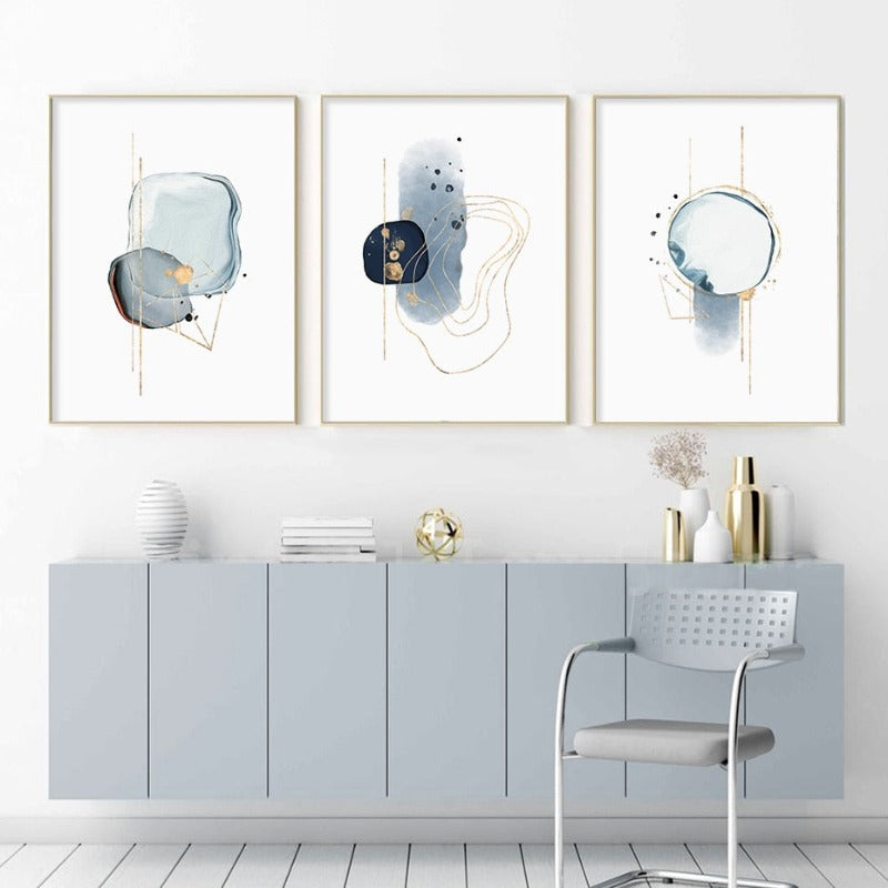 Abstract Blau & Gold Aquarell - Leinwand Wandkunst Druck
