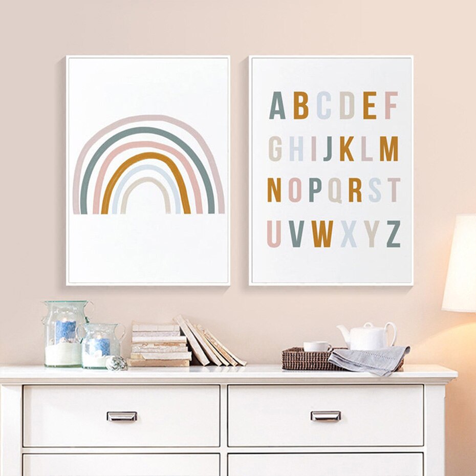 Niedliches Regenbogen-Babykinderzimmer Alphabet - Leinwand Wandkunstdruck