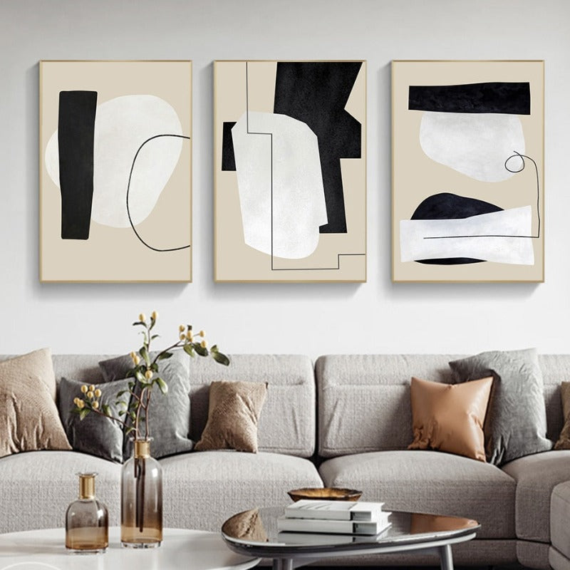 Abstrakte geometrische beige und schwarze Linien - Leinwand Wandkunst Druck