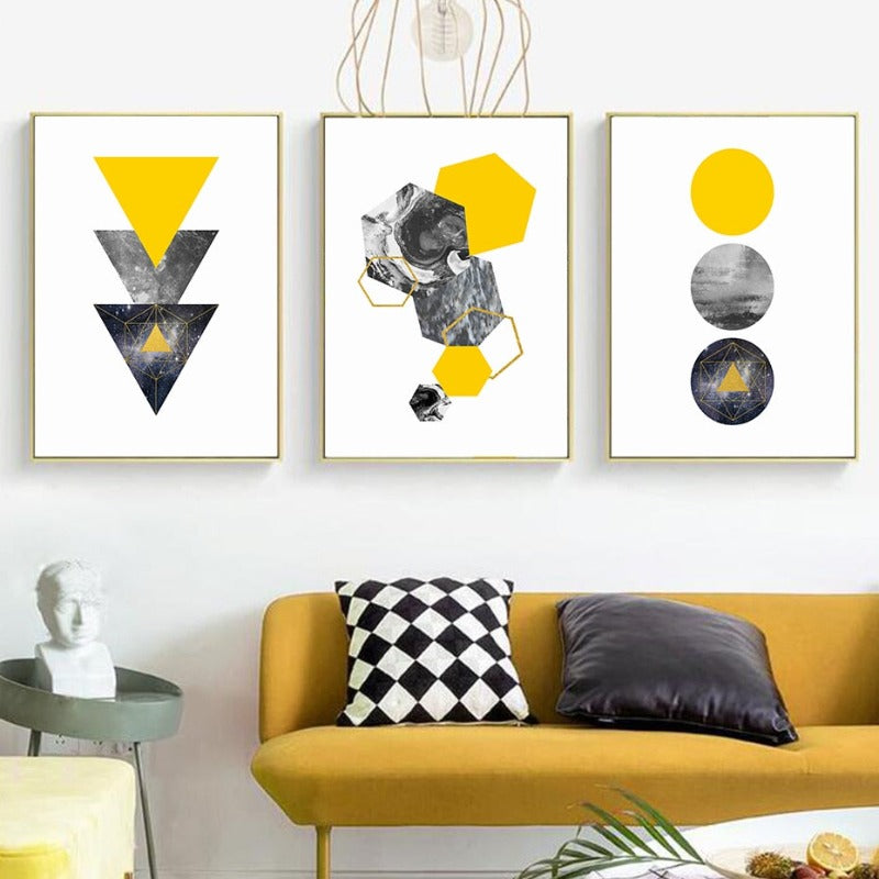 Abstrakte geometrische gelbe Marmor-Dreiecke - Leinwand Wandkunstdruck