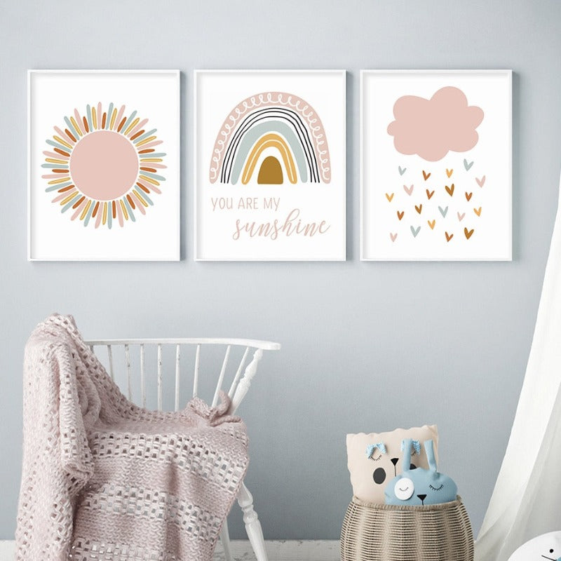 Boho Pink Rainbow Clouds Sunshine Nursery - Leinwand Wandkunst Druck