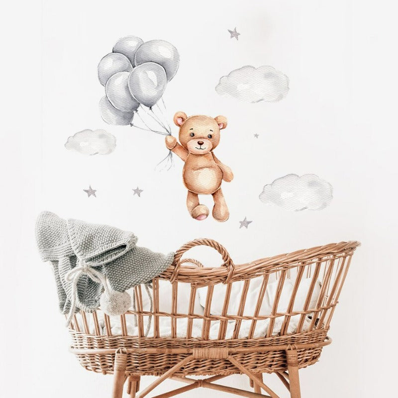 Cartoon Teddy Bär Mit Ballons & Wolken-Abnehmbare Wanddekoration