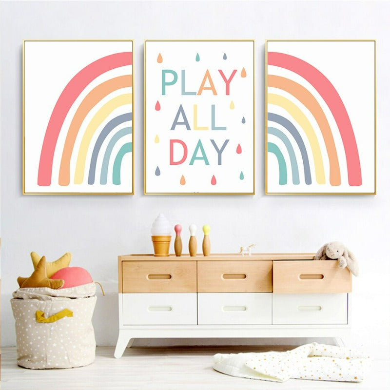 Buntes Regenbogenregentropfen Spiel den ganzen Tag - Leinwand Wandkunst Druck