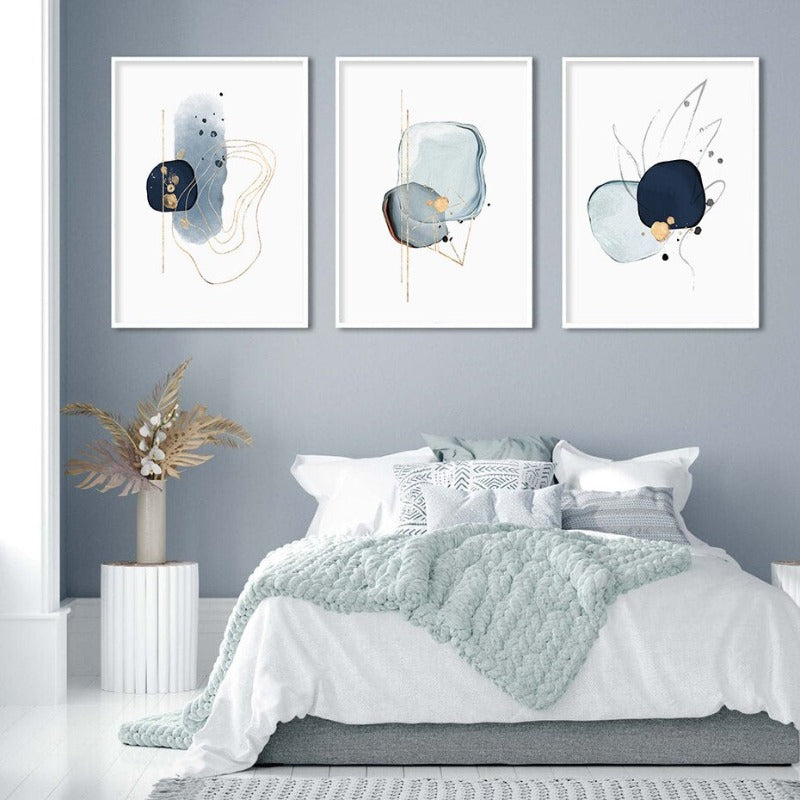Abstract Blau & Gold Aquarell - Leinwand Wandkunst Druck