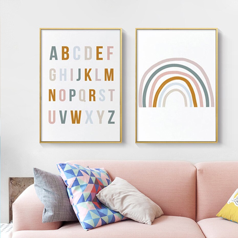Niedliches Regenbogen-Babykinderzimmer Alphabet - Leinwand Wandkunstdruck