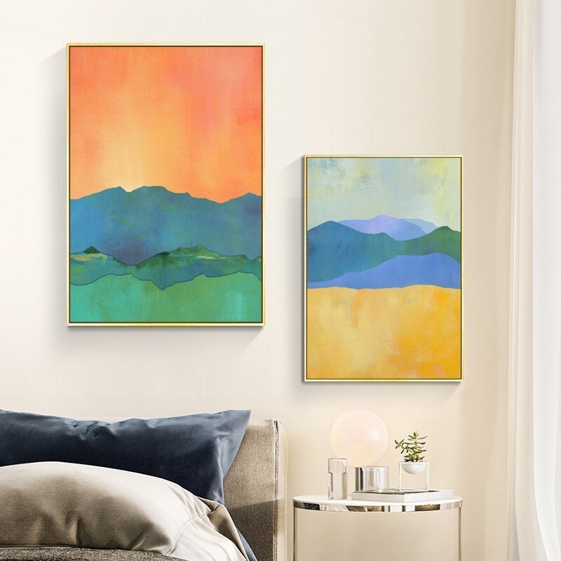 Abstract Blau Gelb Aquarell Horizont - Leinwand Wandkunst Druck