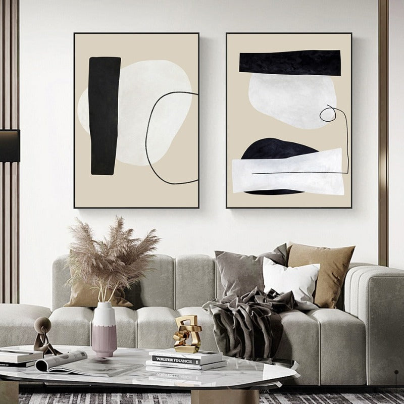 Abstrakte geometrische beige und schwarze Linien - Leinwand Wandkunst Druck