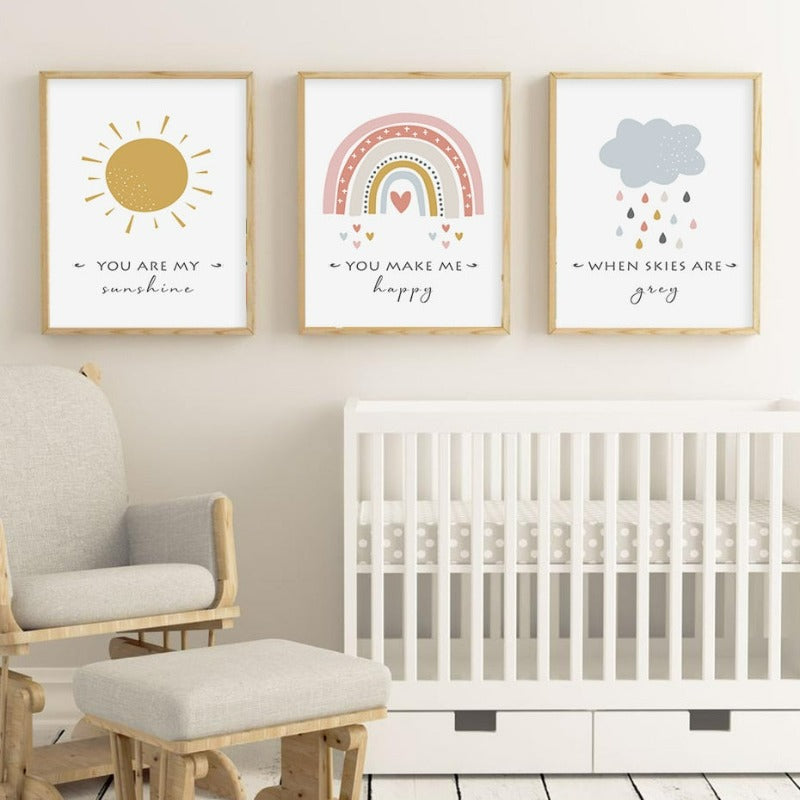 Cartoon Sonne Wolke Regenbogen Kinderzimmer Dekor-Canvas Wandkunst Druck