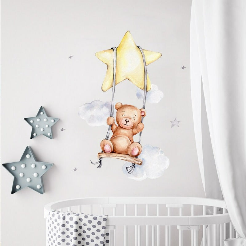 Cartoon Teddy Bär Mit Ballons & Wolken-Abnehmbare Wanddekoration