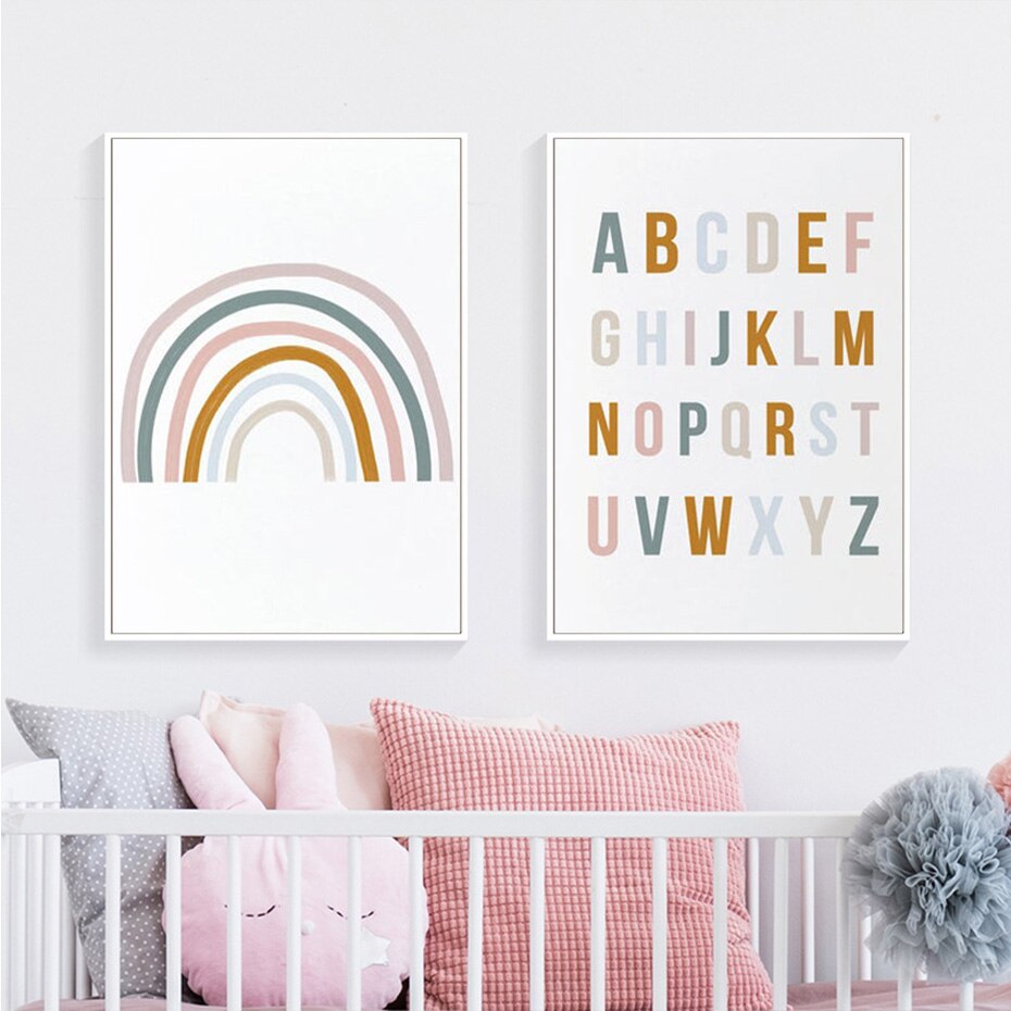 Niedliches Regenbogen-Babykinderzimmer Alphabet - Leinwand Wandkunstdruck