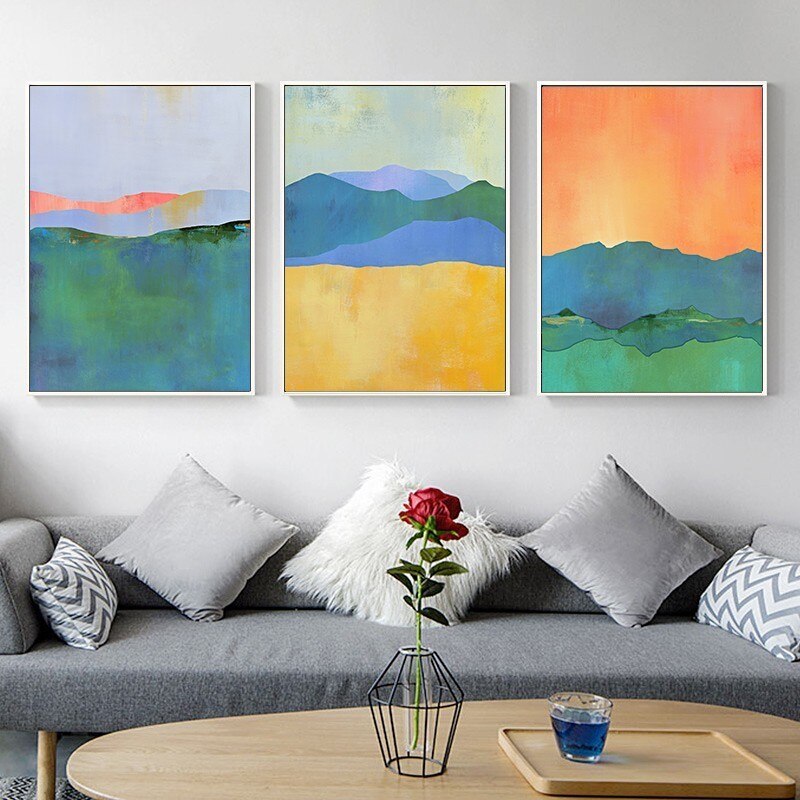 Abstract Blau Gelb Aquarell Horizont - Leinwand Wandkunst Druck