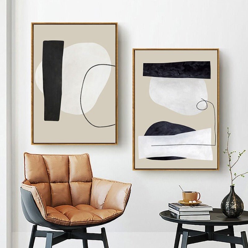 Abstrakte geometrische beige und schwarze Linien - Leinwand Wandkunst Druck