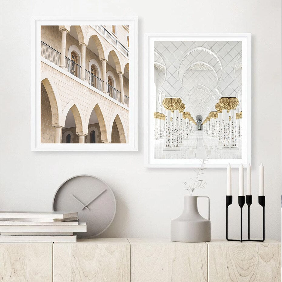Schöner Weißer & Goldener Moscheebogen - Leinwand Wandkunst Druck