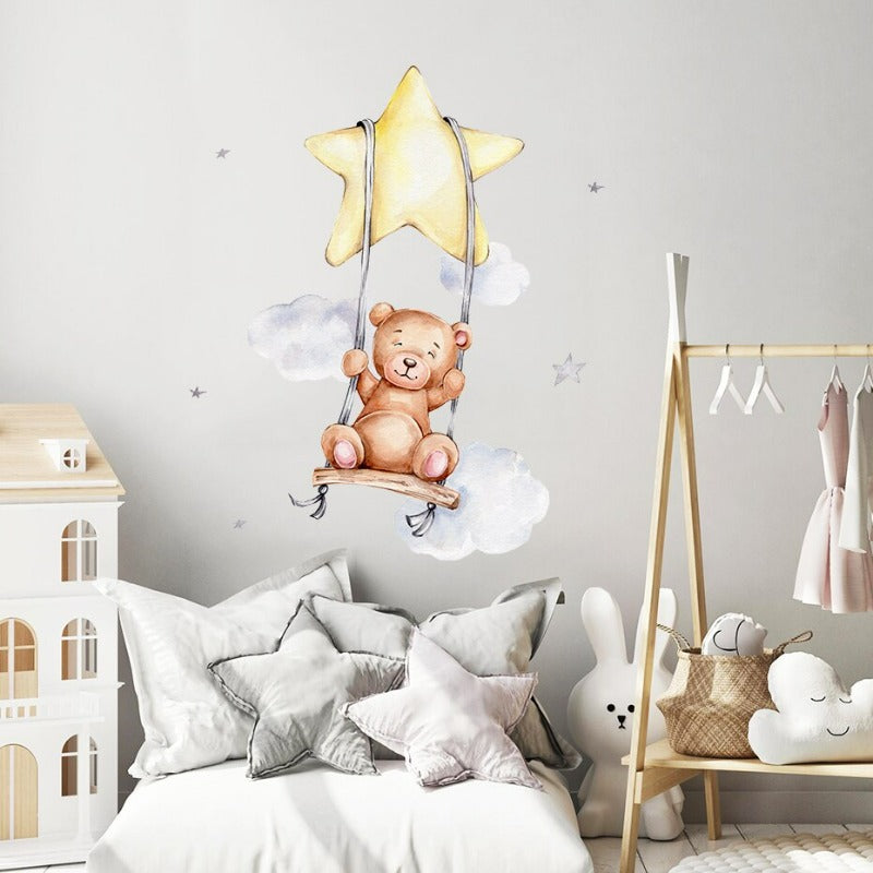 Cartoon Teddy Bär Mit Ballons & Wolken-Abnehmbare Wanddekoration