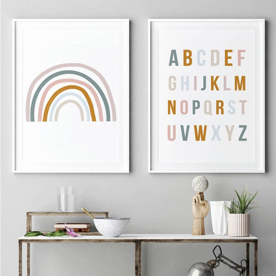 Niedliches Regenbogen-Babykinderzimmer Alphabet - Leinwand Wandkunstdruck