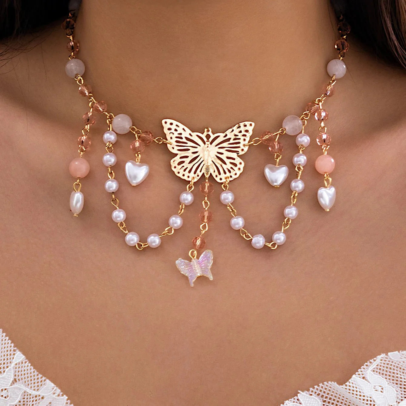 Brehn | Mehrschichtige Schmetterlingsherz Choker Halskette