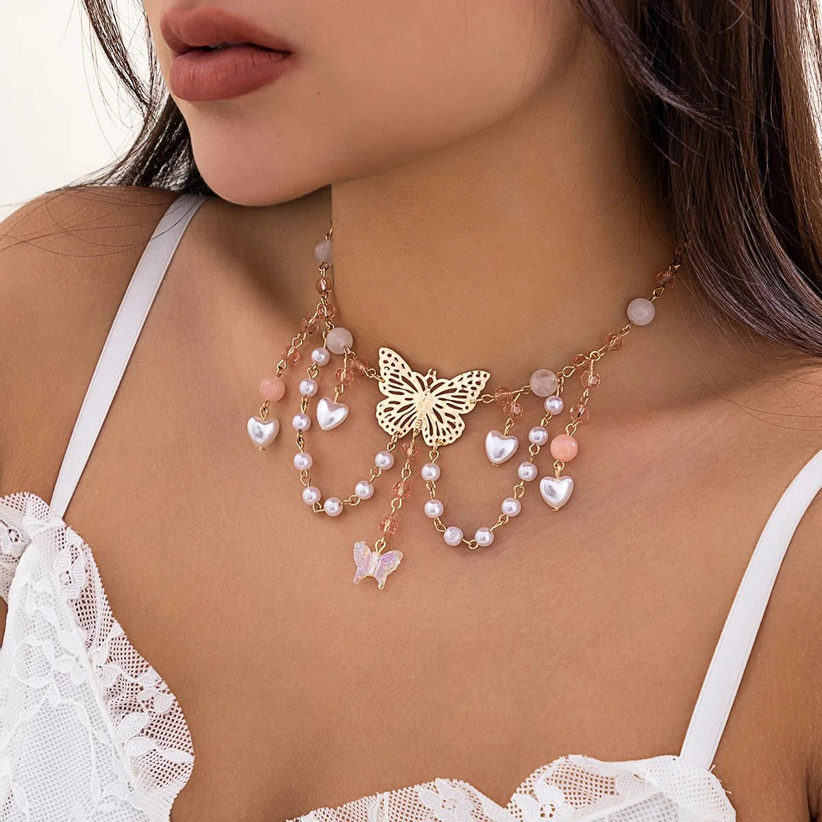 Brehn | Mehrschichtige Schmetterlingsherz Choker Halskette