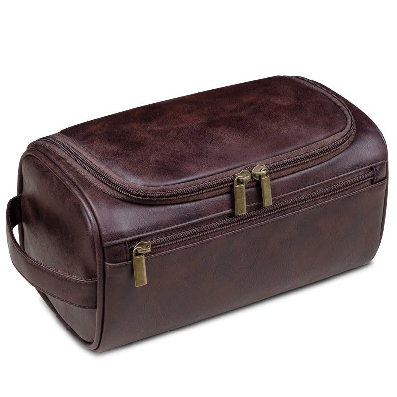Brehn | Premium Leder-Kulturbeutel | Dreilagiges Wasserabweisendes Design | Integrierter Metallhaken zum Aufhängen | 25x13x13 cm | Kompakter Travel-Organizer mit Schnellzugriffsfach