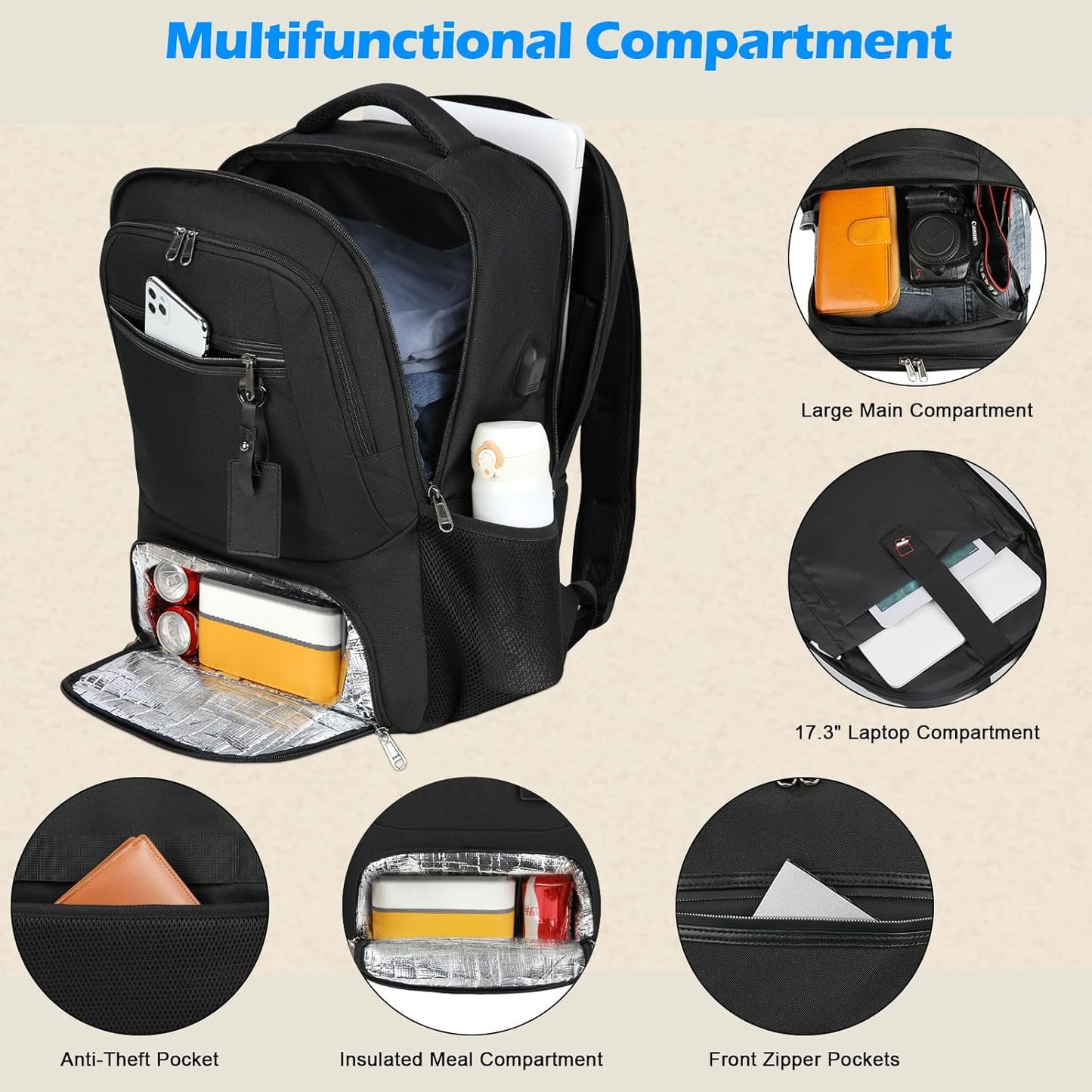 Wasserdichter Laptop- und Lunch-Rucksack mit USB-Anschluss – Reisetasche mit mehreren Fächern | Brehn