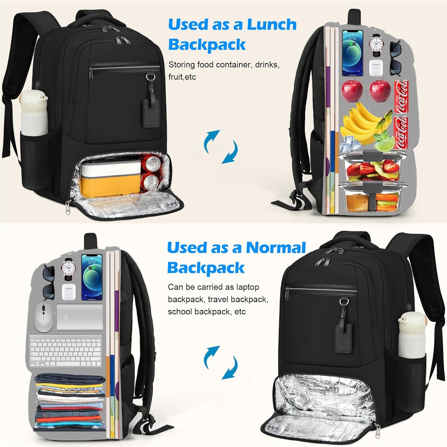 Wasserdichter Laptop- und Lunch-Rucksack mit USB-Anschluss – Reisetasche mit mehreren Fächern | Brehn