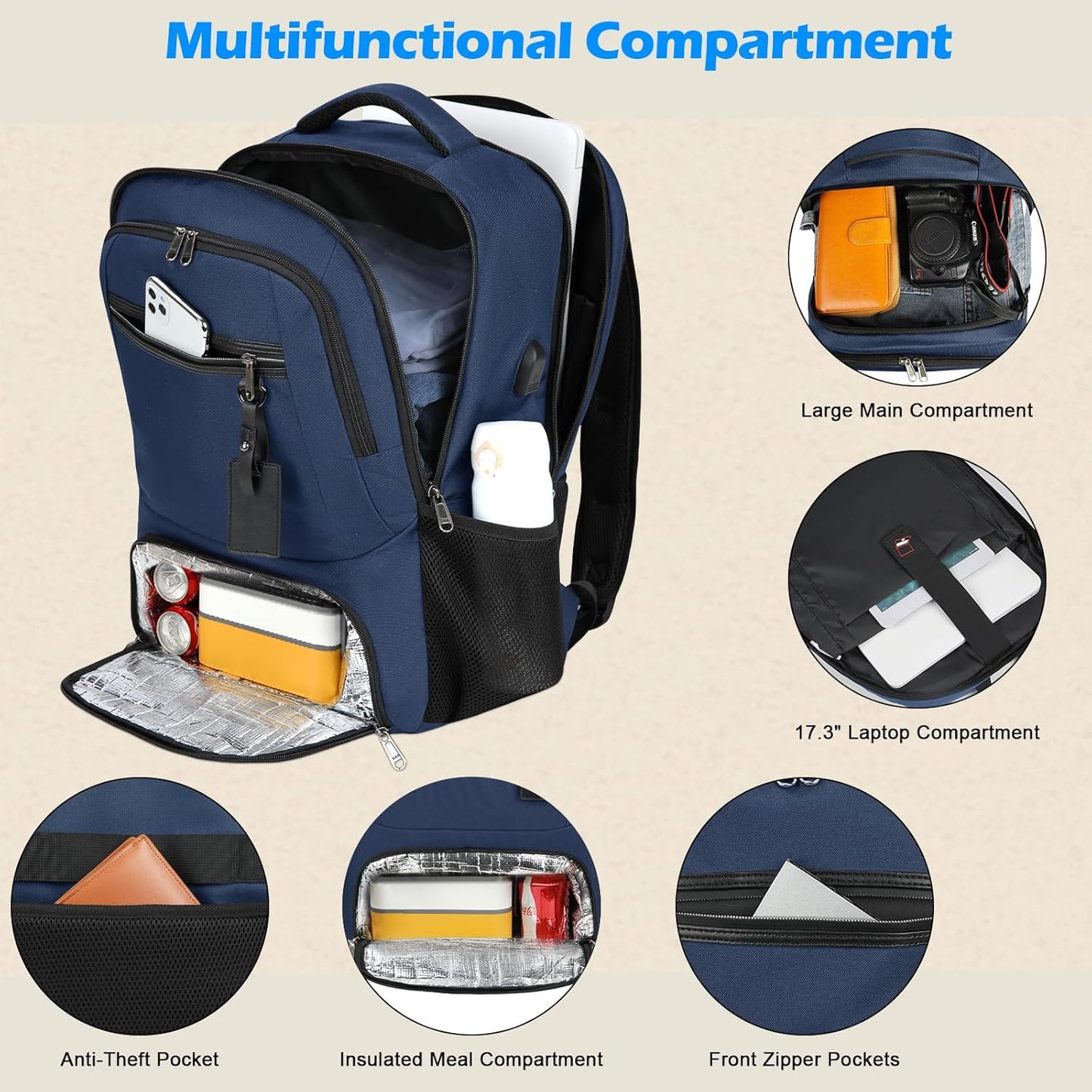 Wasserdichter Laptop- und Lunch-Rucksack mit USB-Anschluss – Reisetasche mit mehreren Fächern | Brehn