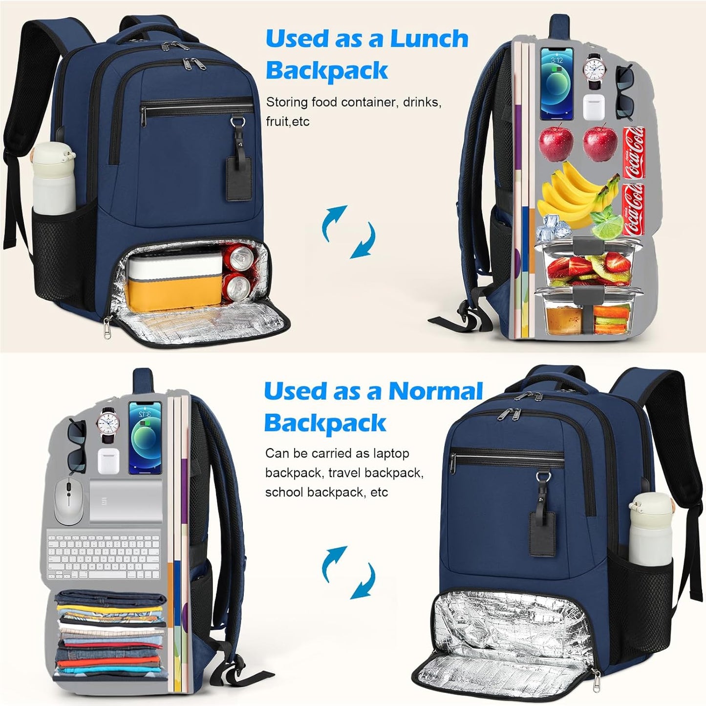 Wasserdichter Laptop- und Lunch-Rucksack mit USB-Anschluss – Reisetasche mit mehreren Fächern | Brehn