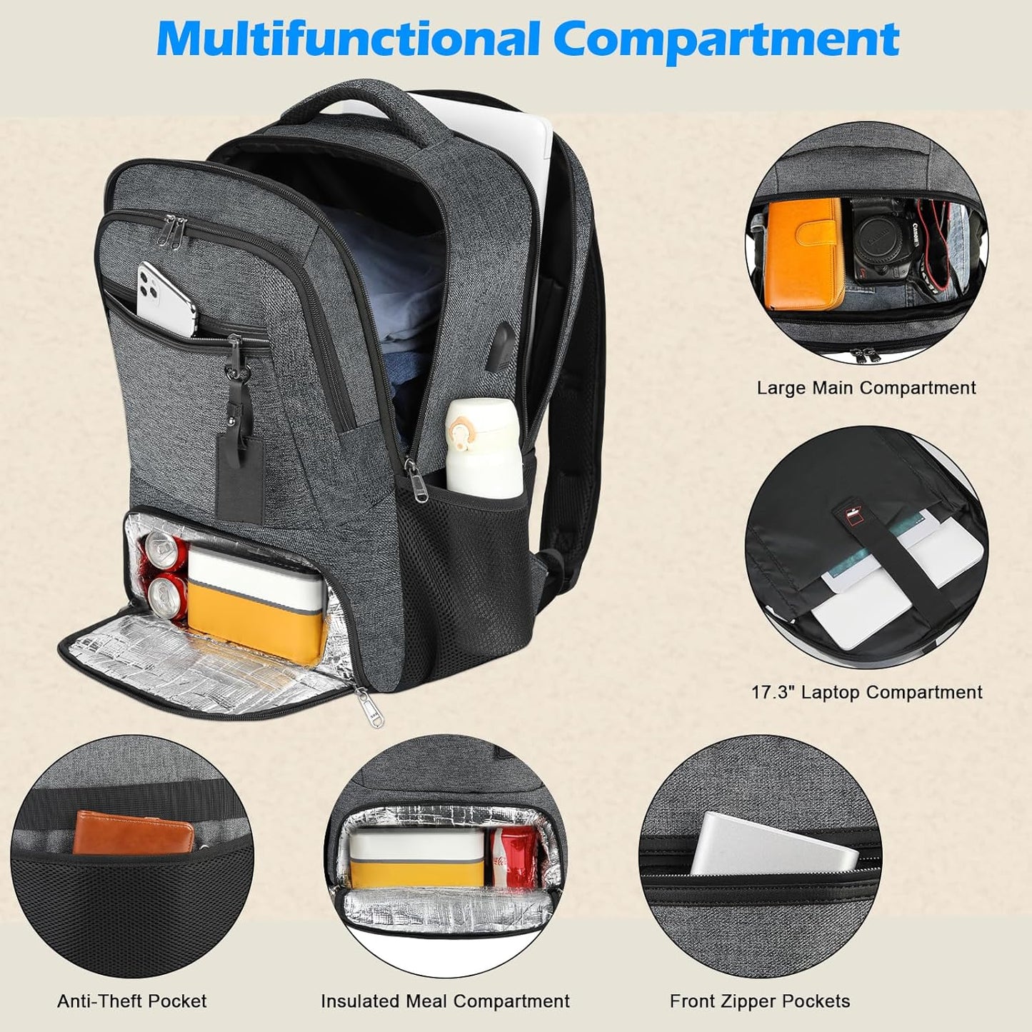 Wasserdichter Laptop- und Lunch-Rucksack mit USB-Anschluss – Reisetasche mit mehreren Fächern | Brehn