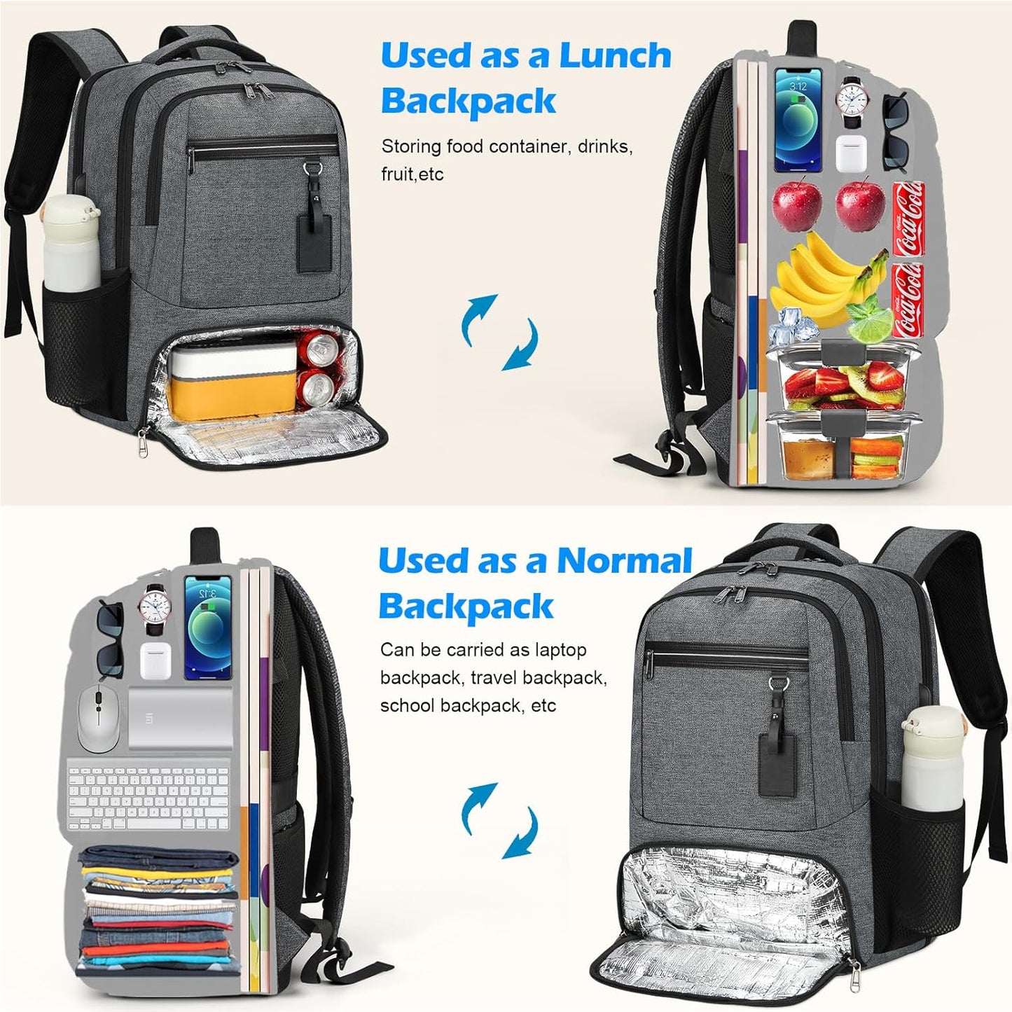 Wasserdichter Laptop- und Lunch-Rucksack mit USB-Anschluss – Reisetasche mit mehreren Fächern | Brehn
