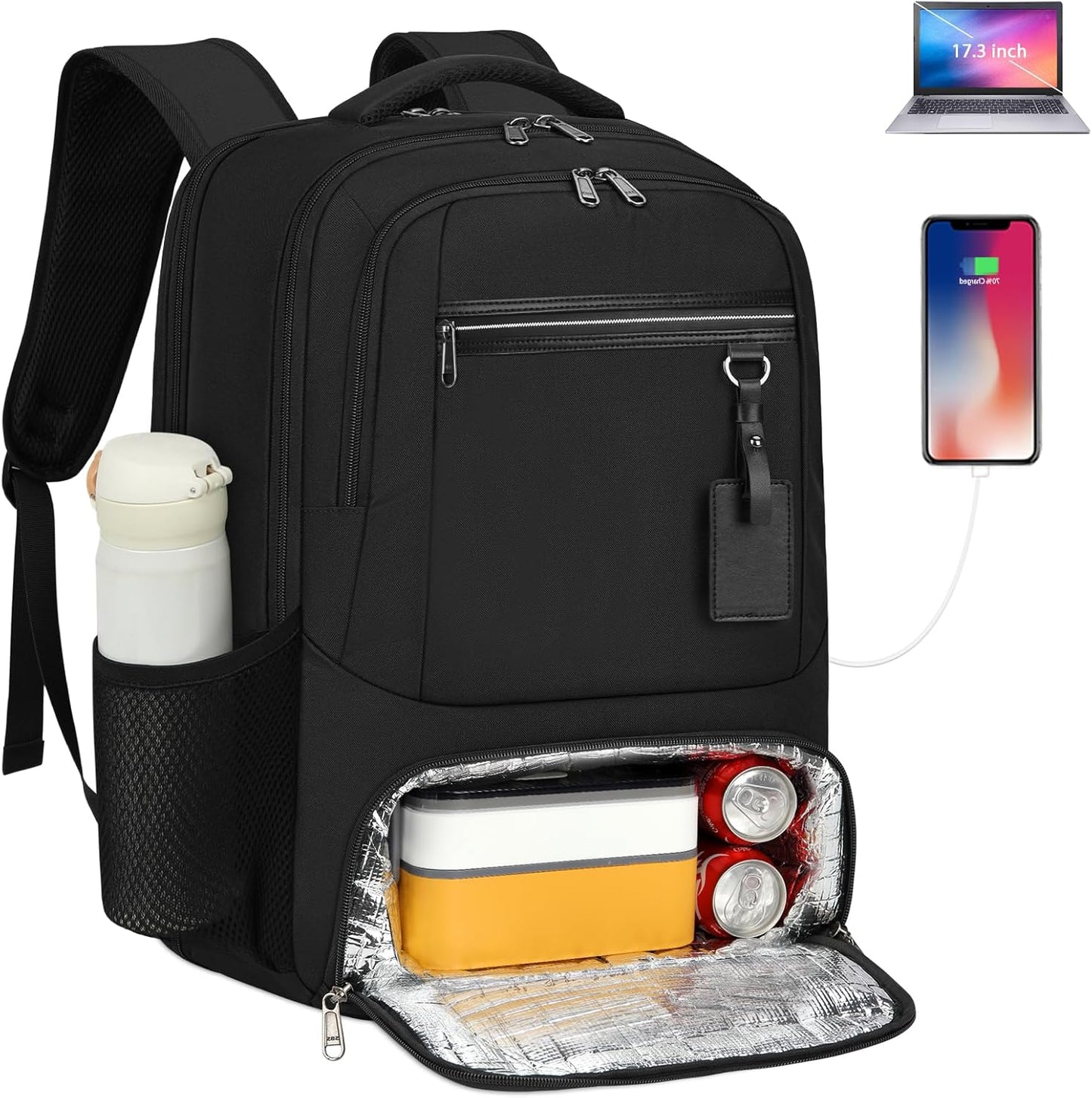 Wasserdichter Laptop- und Lunch-Rucksack mit USB-Anschluss – Reisetasche mit mehreren Fächern | Brehn