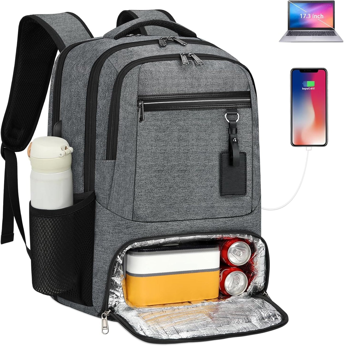Wasserdichter Laptop- und Lunch-Rucksack mit USB-Anschluss – Reisetasche mit mehreren Fächern | Brehn