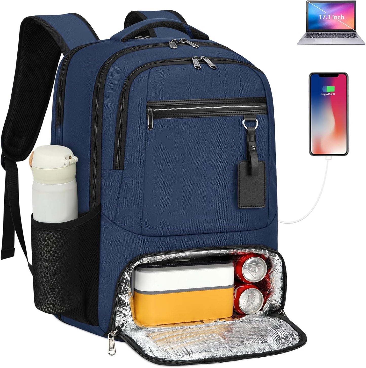 Wasserdichter Laptop- und Lunch-Rucksack mit USB-Anschluss – Reisetasche mit mehreren Fächern | Brehn