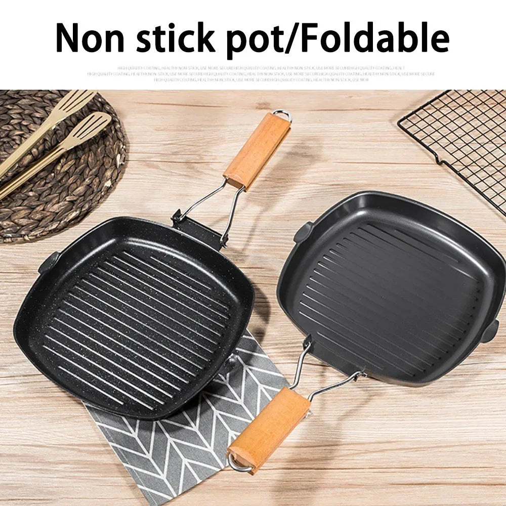Nicht haftende Gusseisen-Grillpfanne Faltbare Bratpfanne mit Holzgriff | Brehn
