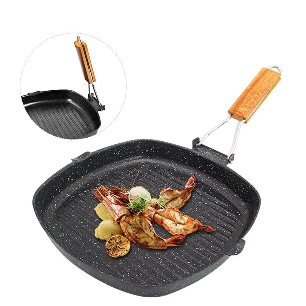 Nicht haftende Gusseisen-Grillpfanne Faltbare Bratpfanne mit Holzgriff | Brehn