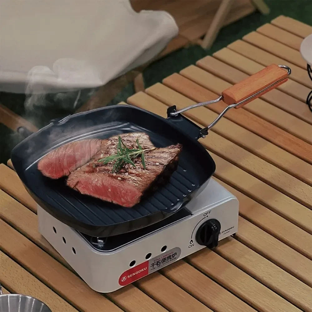 Nicht haftende Gusseisen-Grillpfanne Faltbare Bratpfanne mit Holzgriff | Brehn
