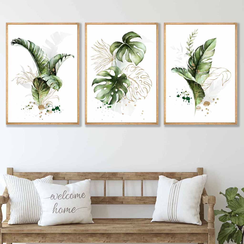 Botanisches Set aus 3 grünen und goldenen floralen Wandbildern