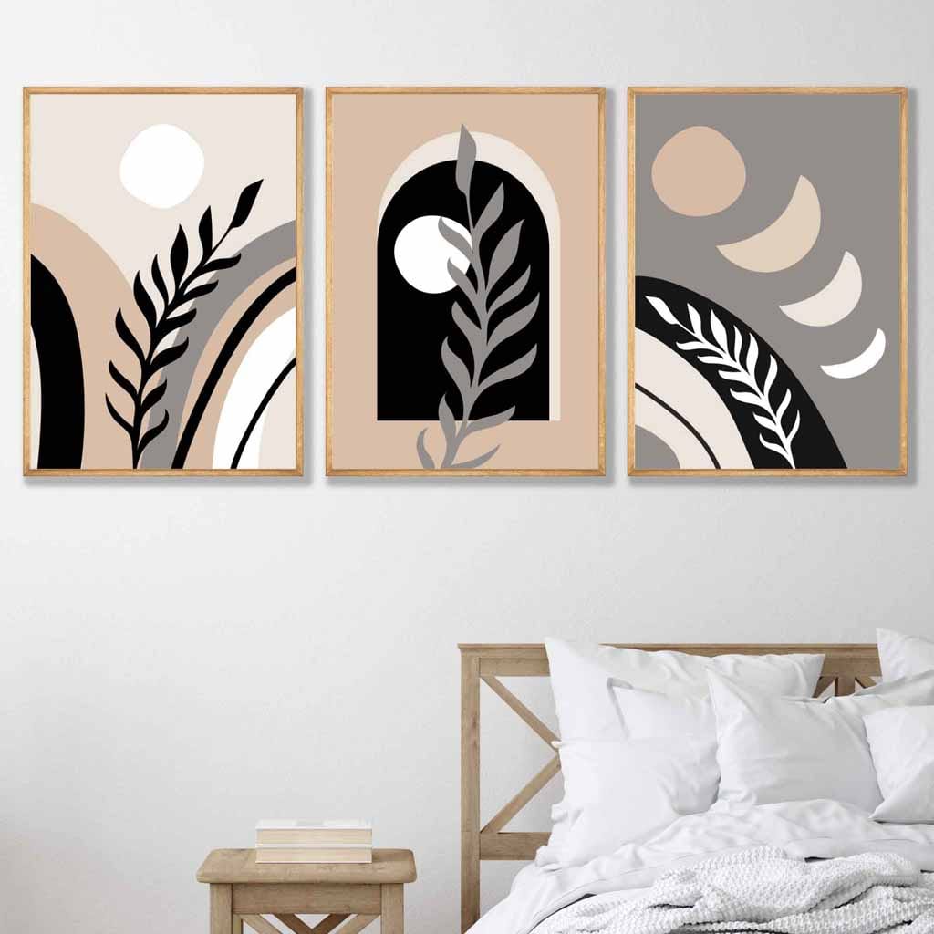 Boho-Stil, abstraktes 3er-Set Wandbilder in Schwarz, Beige und Grau