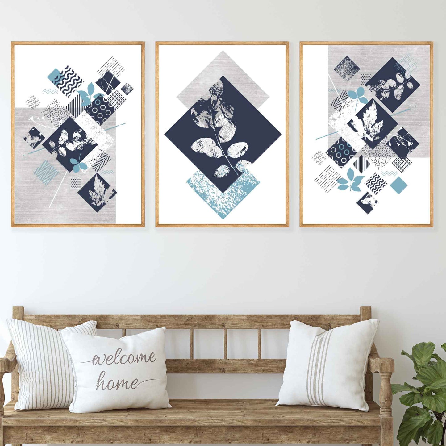 BOTANISCH Set aus 3 abstrakten geometrischen Blumendrucken in Marineblau und Türkis