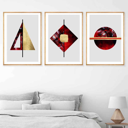 Art-Deco-Set aus 3 Wandbildern in Rot, Schwarz und Gold